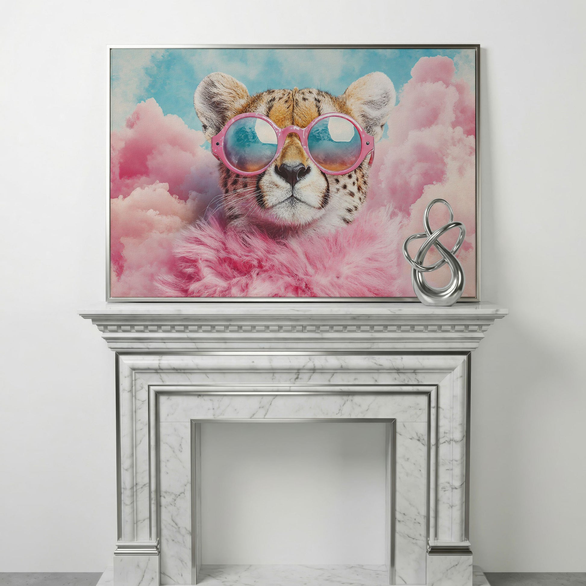 Cheetah in Pink Sunglasses with Fluffy Collar Canvas in silver floating frame