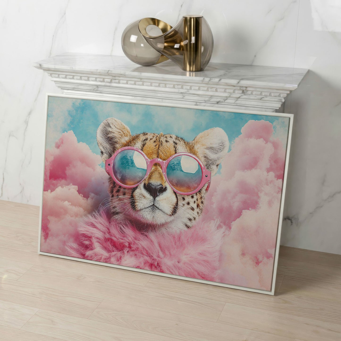 Cheetah in Pink Sunglasses with Fluffy Collar Canvas in white floating frame