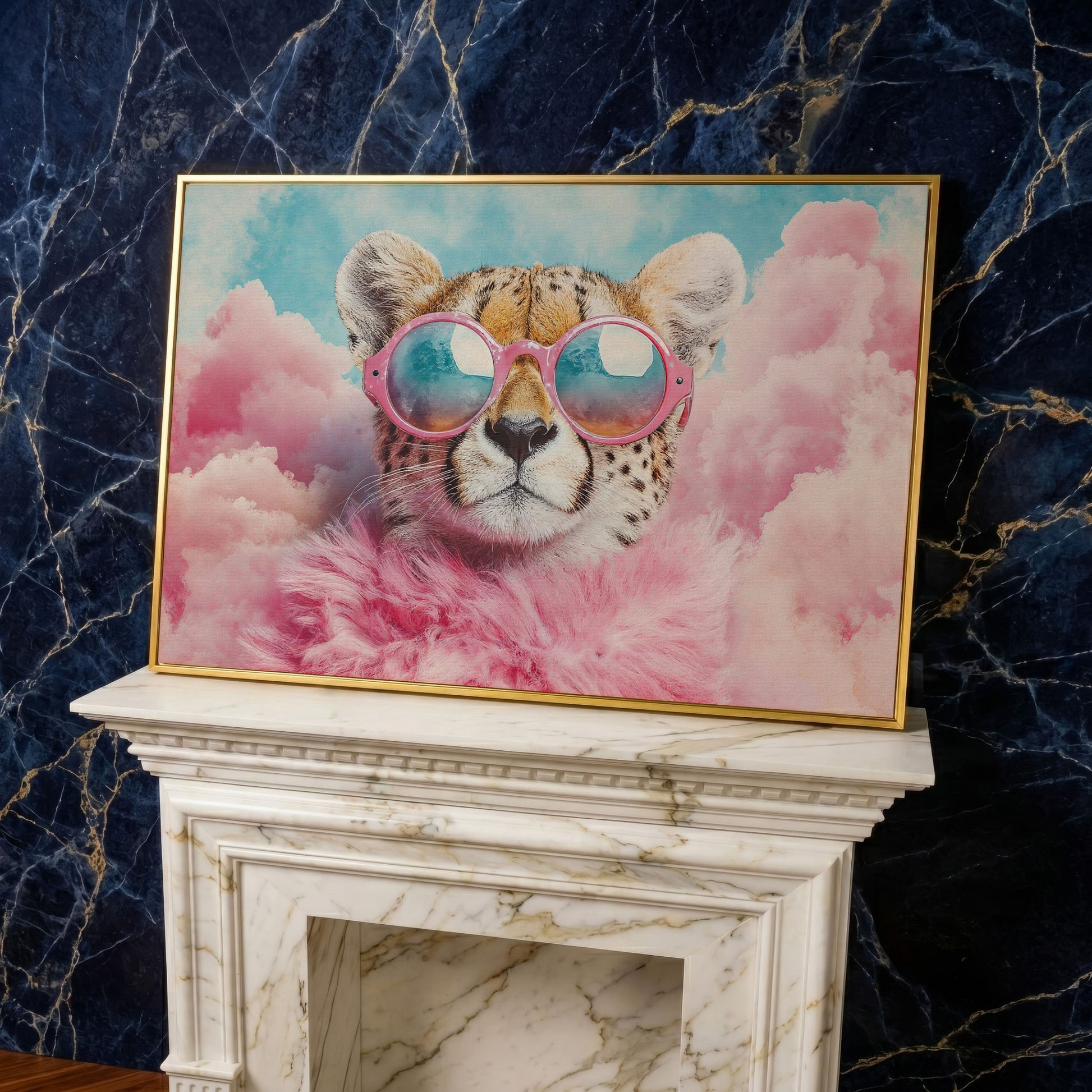 Cheetah in Pink Sunglasses with Fluffy Collar Canvas in yellow gold floating frame