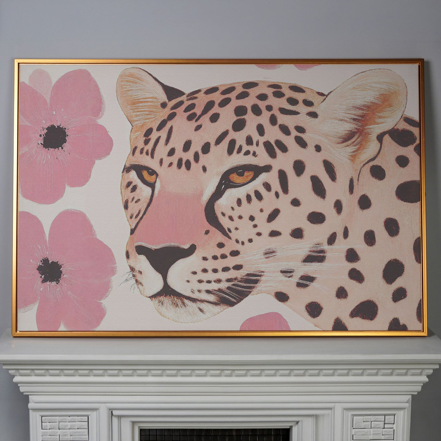 Leopard with Pink Blossoms Canvas in antique gold floating frame