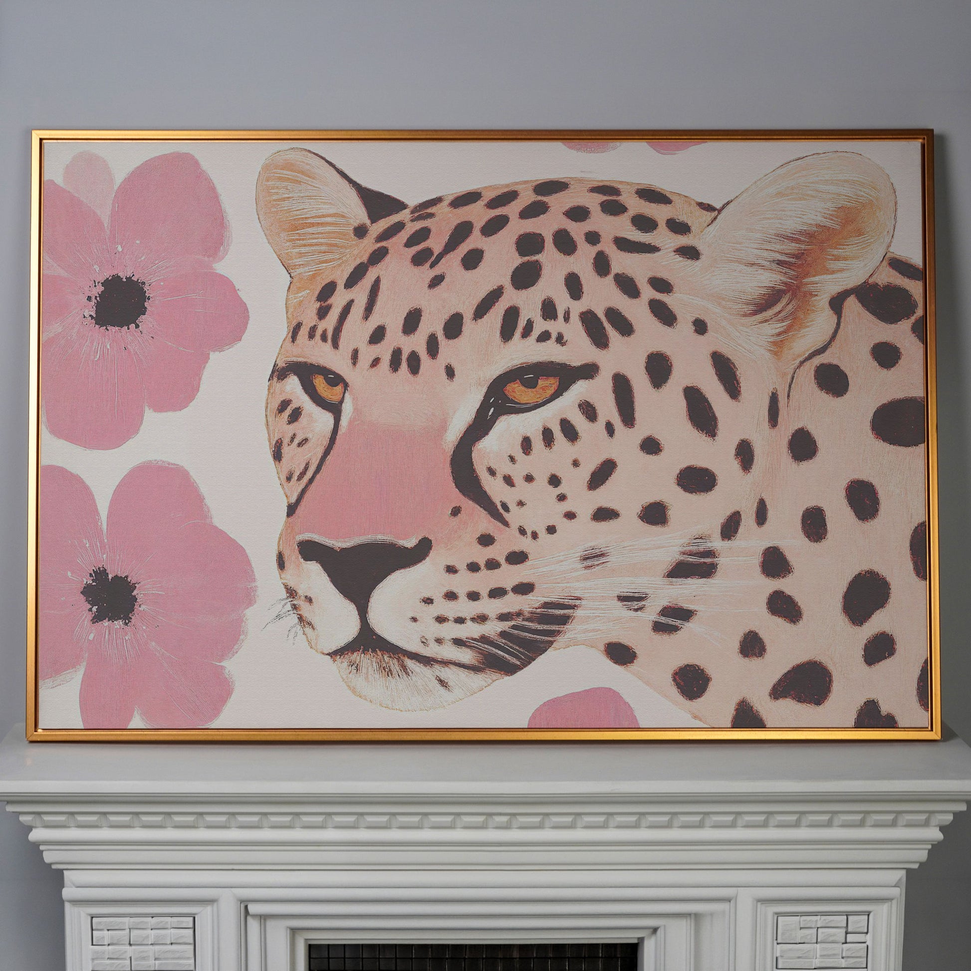 Leopard with Pink Blossoms Canvas in antique gold floating frame