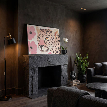Leopard with Pink Blossoms Canvas in black floating frame