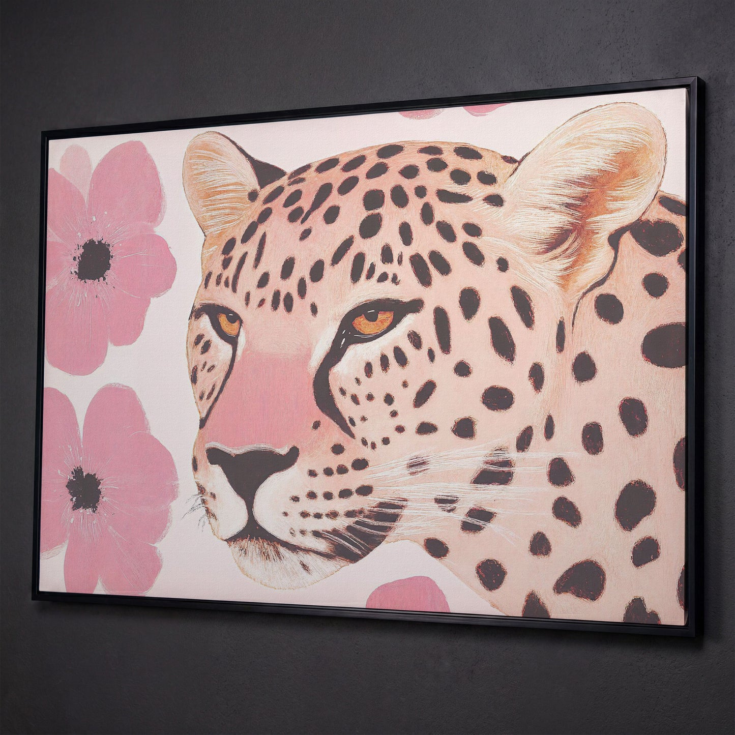 Leopard with Pink Blossoms Canvas shown in black floating frame