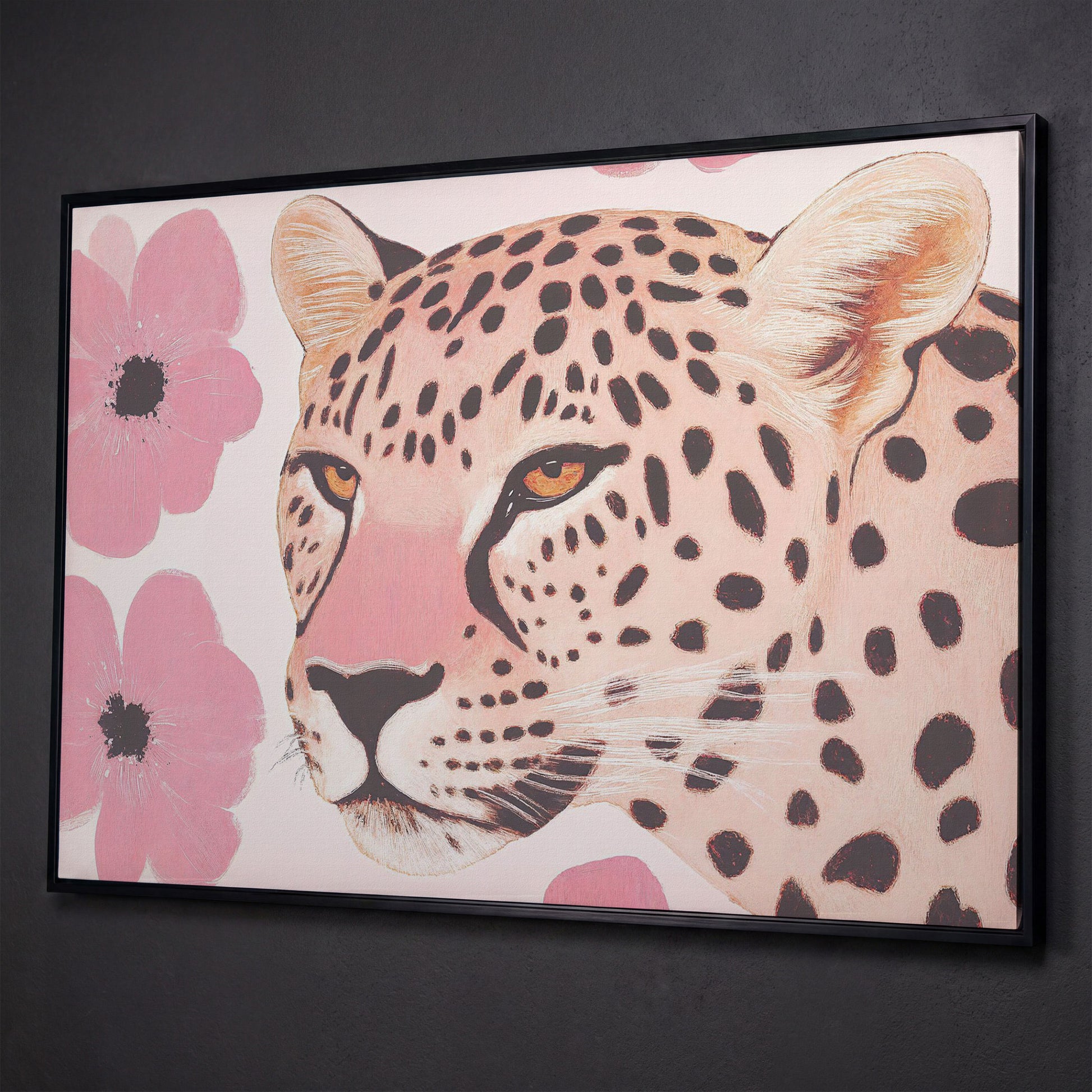 Leopard with Pink Blossoms Canvas shown in black floating frame