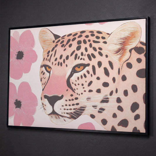 Leopard with Pink Blossoms Canvas shown in black floating frame