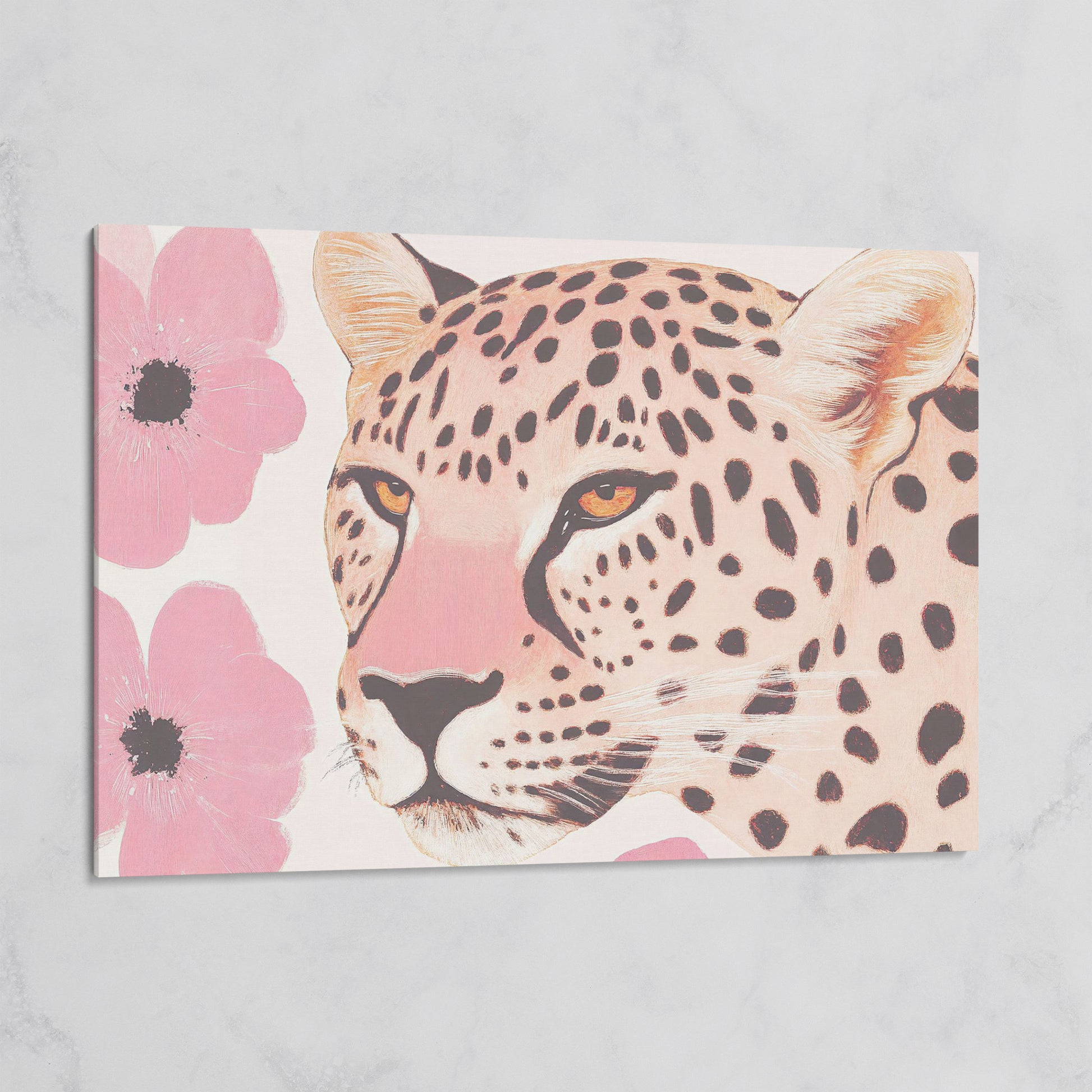 Leopard with Pink Blossoms Canvas on gallery wrap