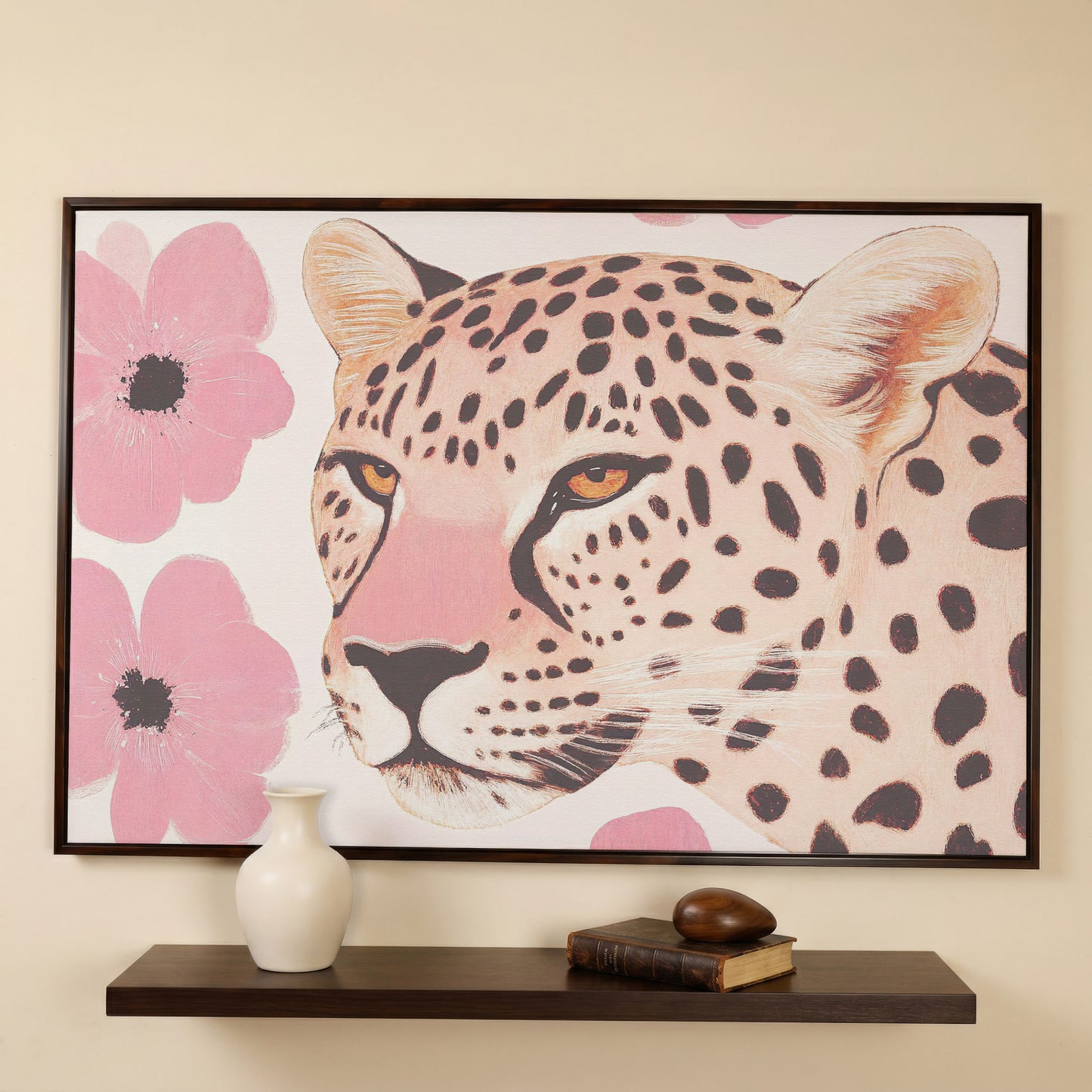 Leopard with Pink Blossoms Canvas in dark walnut floating frame