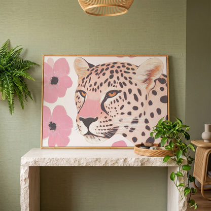 Leopard with Pink Blossoms Canvas in white oak floating frame