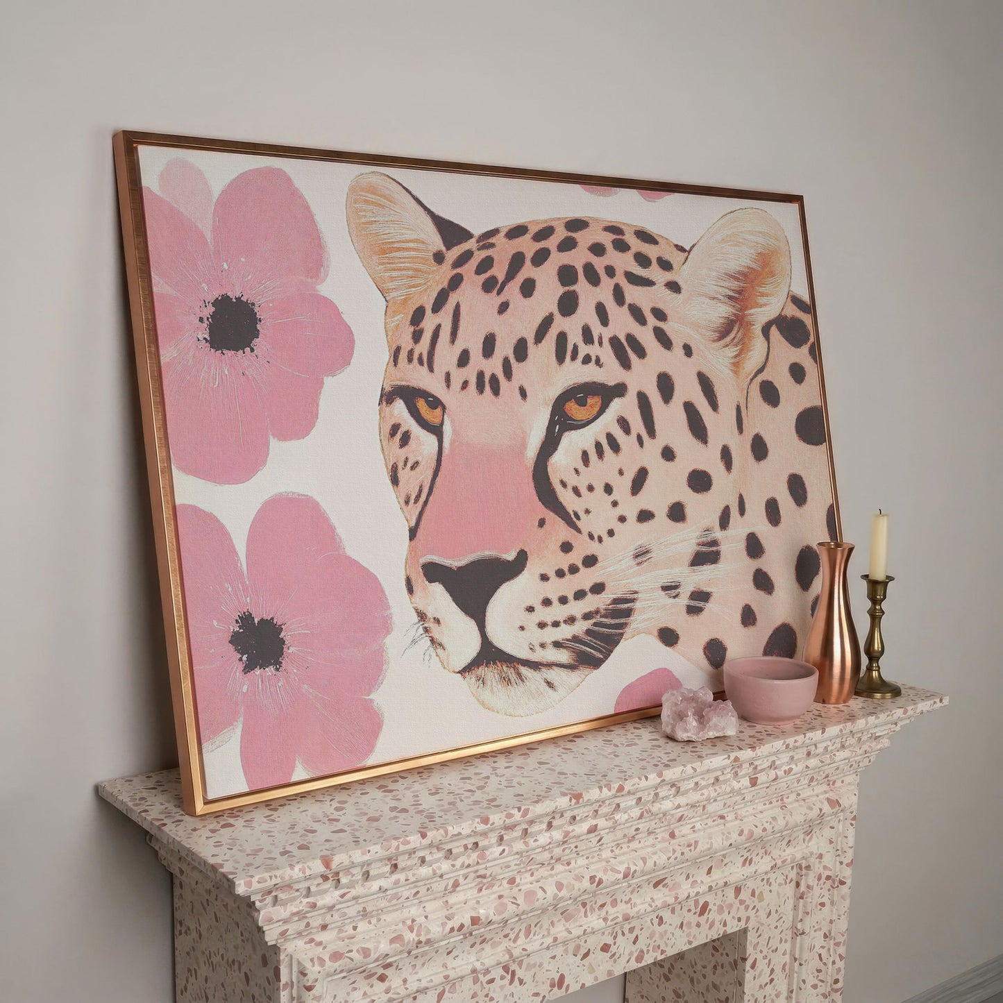 Leopard with Pink Blossoms Canvas in rose gold floating frame