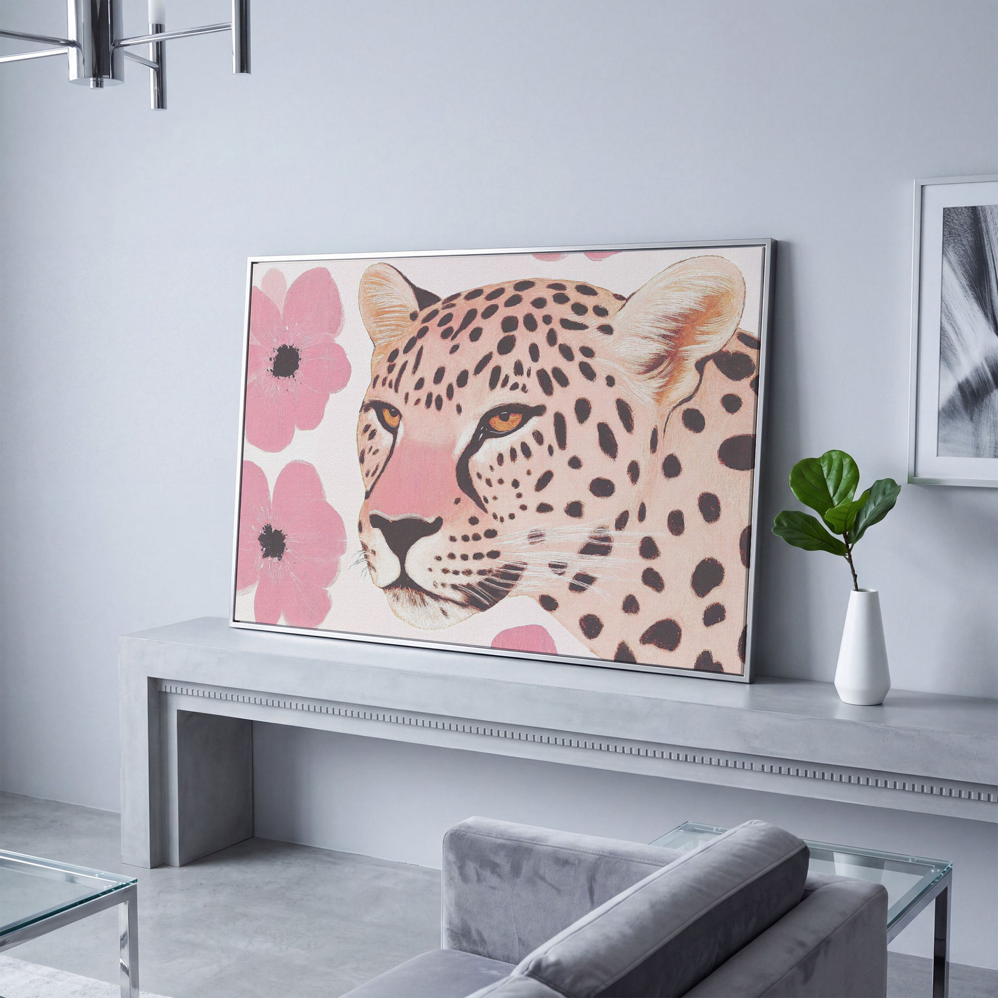 Leopard with Pink Blossoms Canvas in silver floating frame