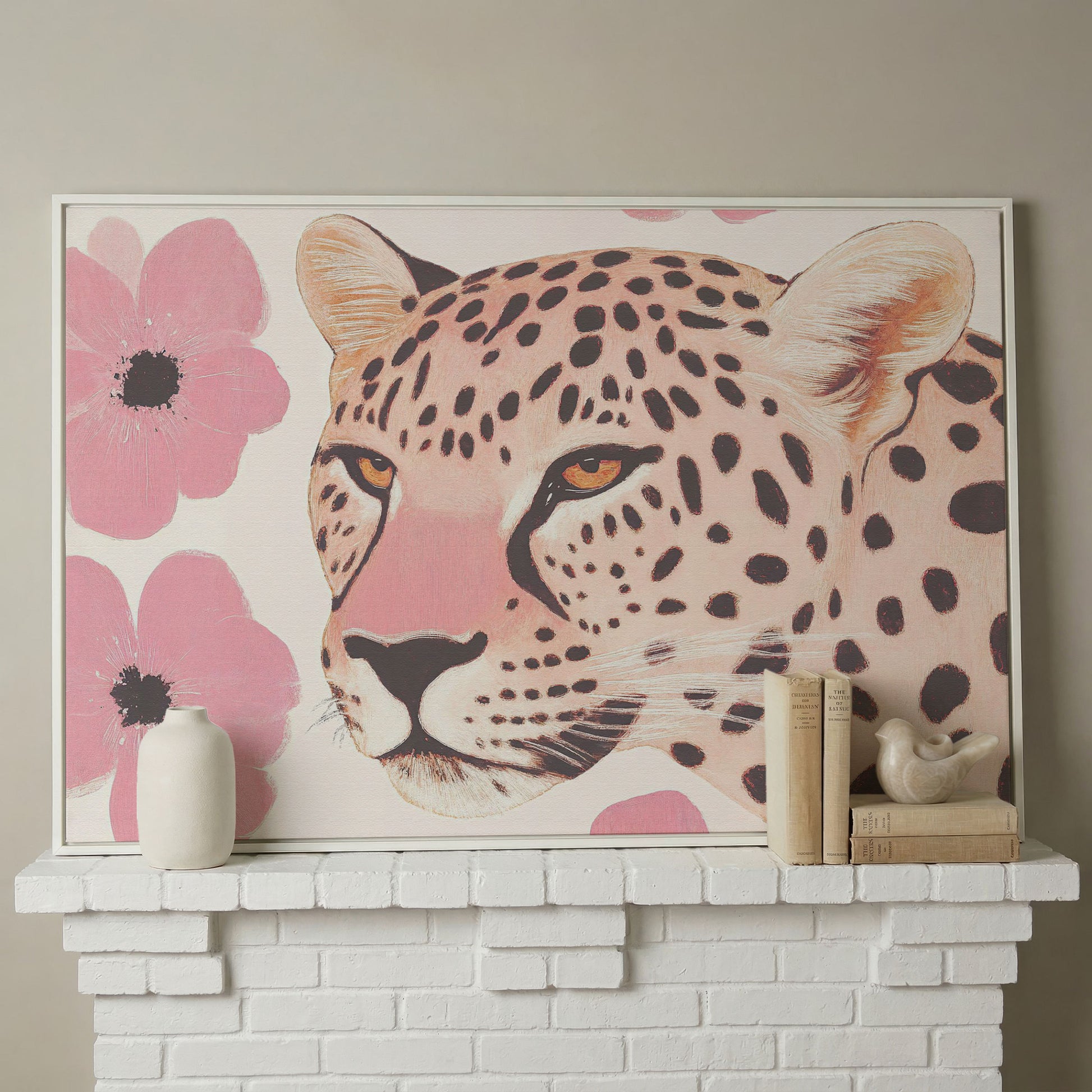 Leopard with Pink Blossoms Canvas in white floating frame