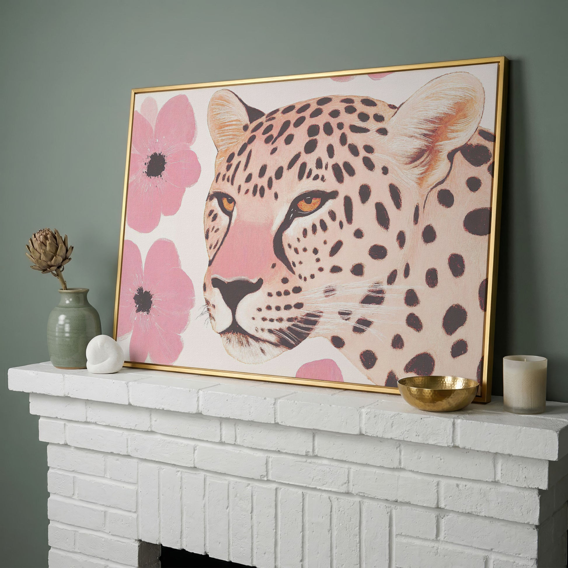 Leopard with Pink Blossoms Canvas in yellow gold floating frame