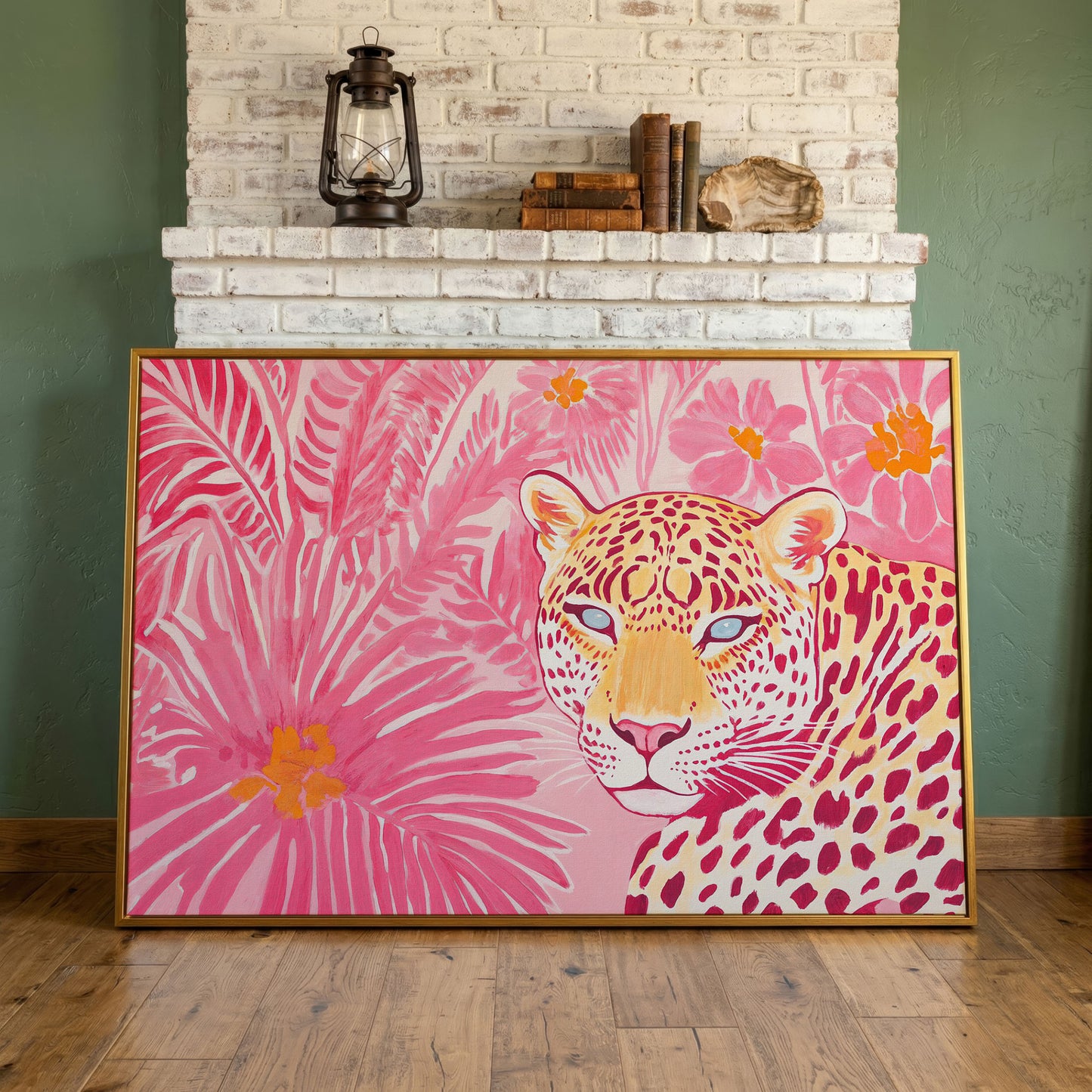 Pink Leopard with Tropical Florals Canvas in antique gold floating frame