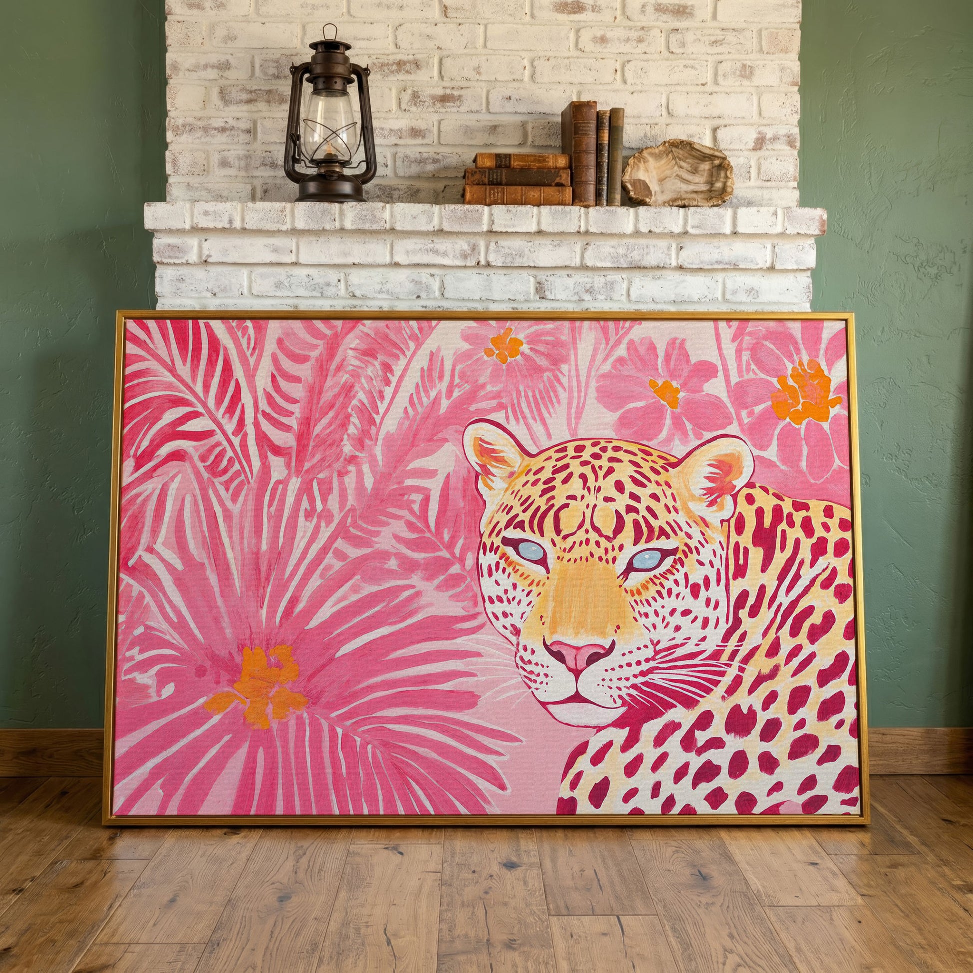 Pink Leopard with Tropical Florals Canvas in antique gold floating frame