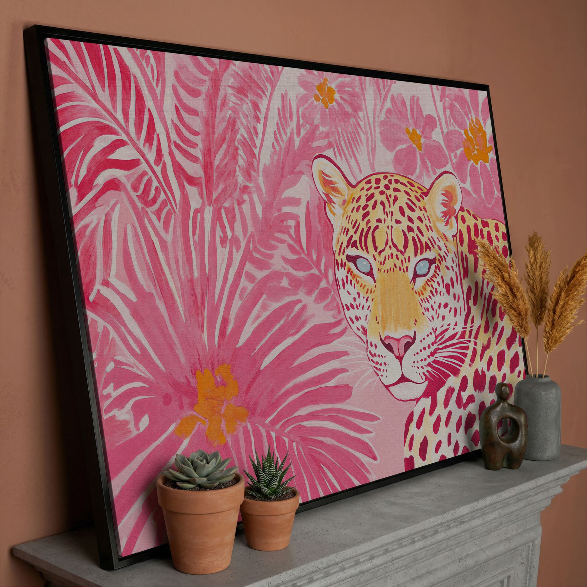 Pink Leopard with Tropical Florals Canvas in black floating frame