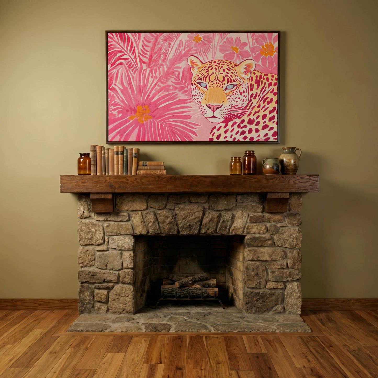 Pink Leopard with Tropical Florals Canvas in dark walnut floating frame