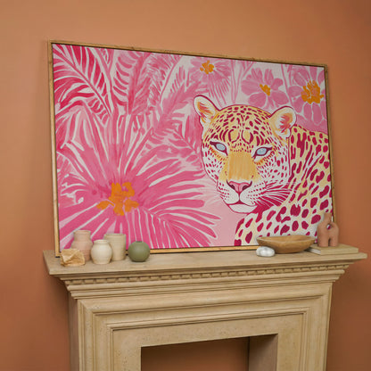 Pink Leopard with Tropical Florals Canvas in white oak floating frame