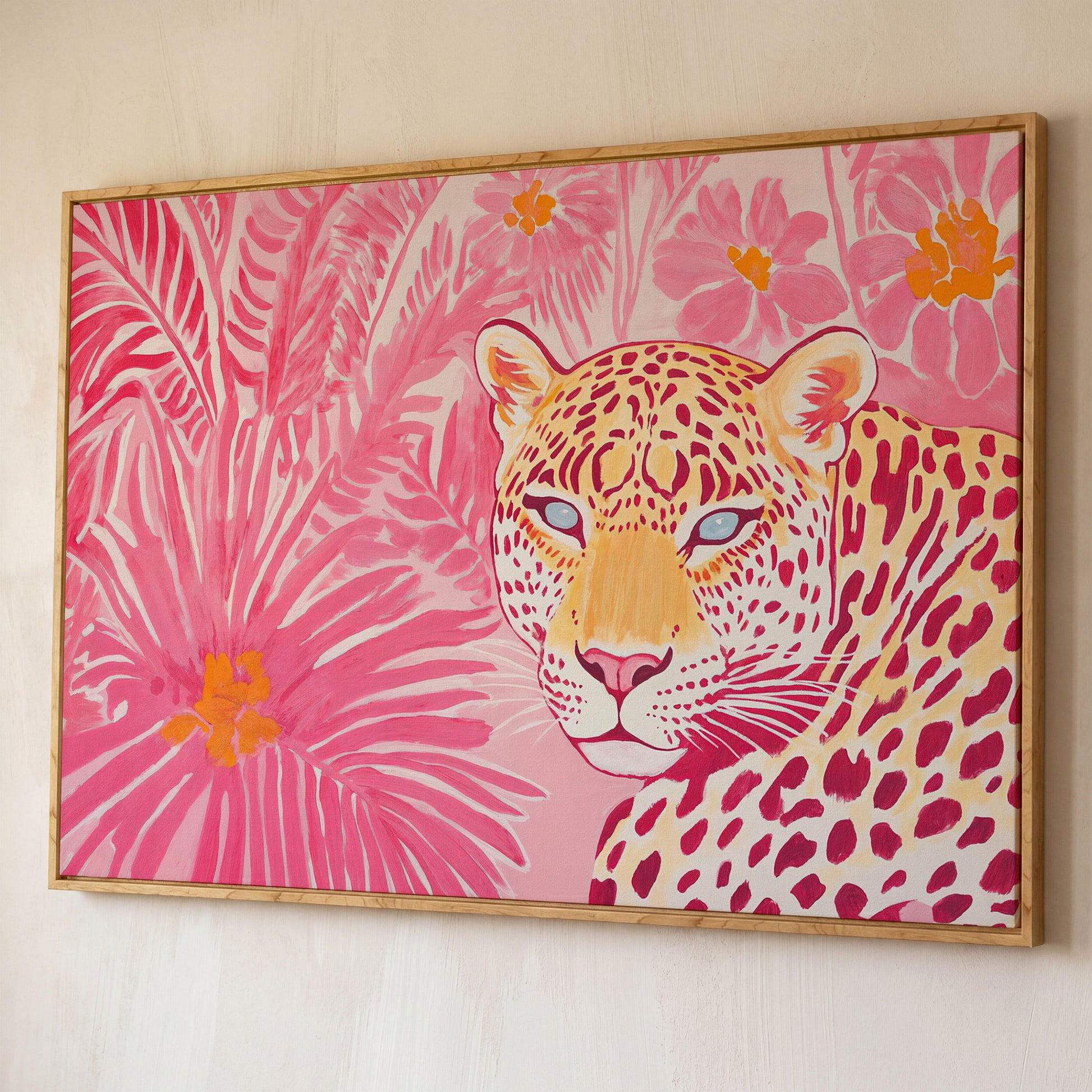 Pink Leopard with Tropical Florals Canvas shown in white oak floating frame