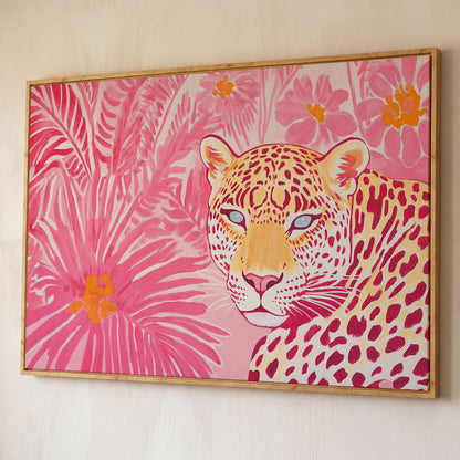 Pink Leopard with Tropical Florals Canvas shown in white oak floating frame