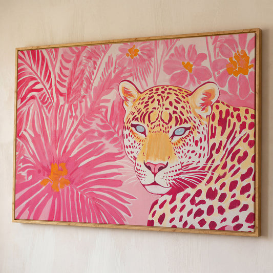 Pink Leopard with Tropical Florals Canvas shown in white oak floating frame