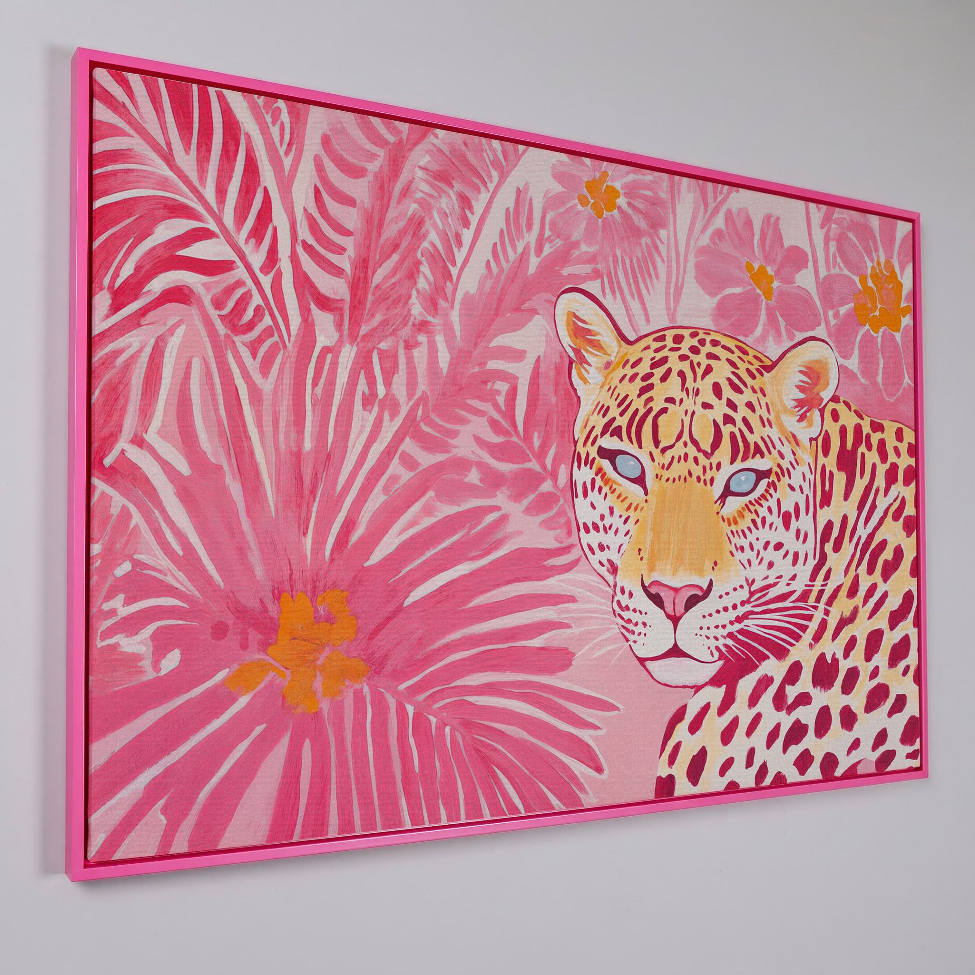 Pink Leopard with Tropical Florals Canvas in pink floating frame