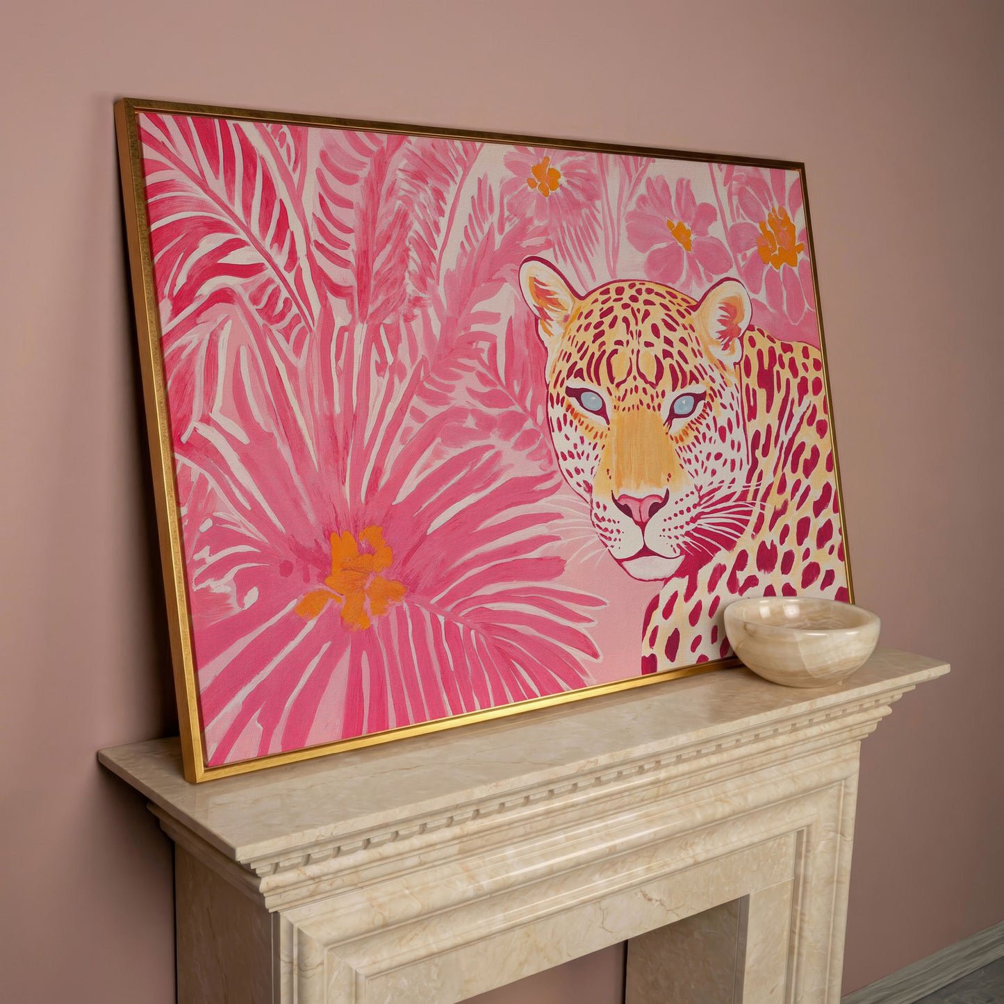 Pink Leopard with Tropical Florals Canvas in rose gold floating frame