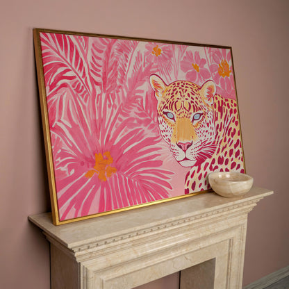 Pink Leopard with Tropical Florals Canvas in rose gold floating frame