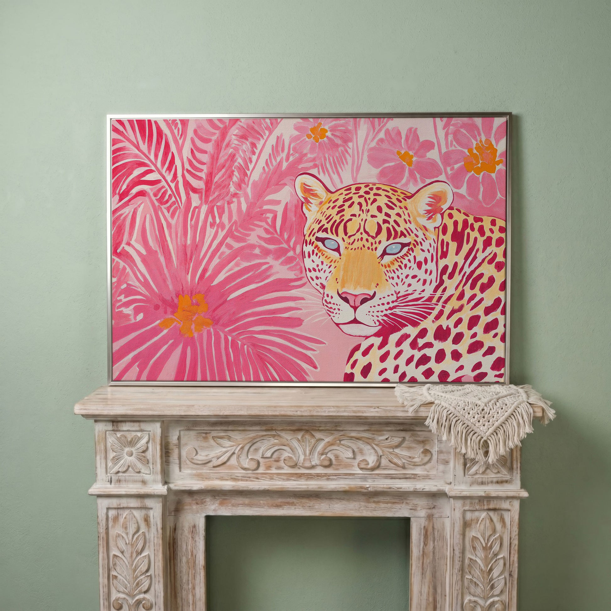 Pink Leopard with Tropical Florals Canvas in silver floating frame