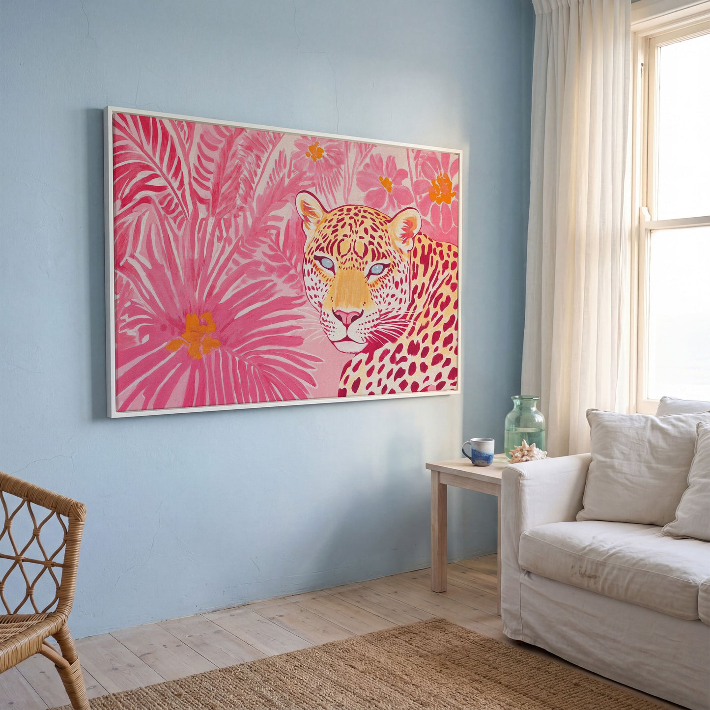 Pink Leopard with Tropical Florals Canvas in white floating frame