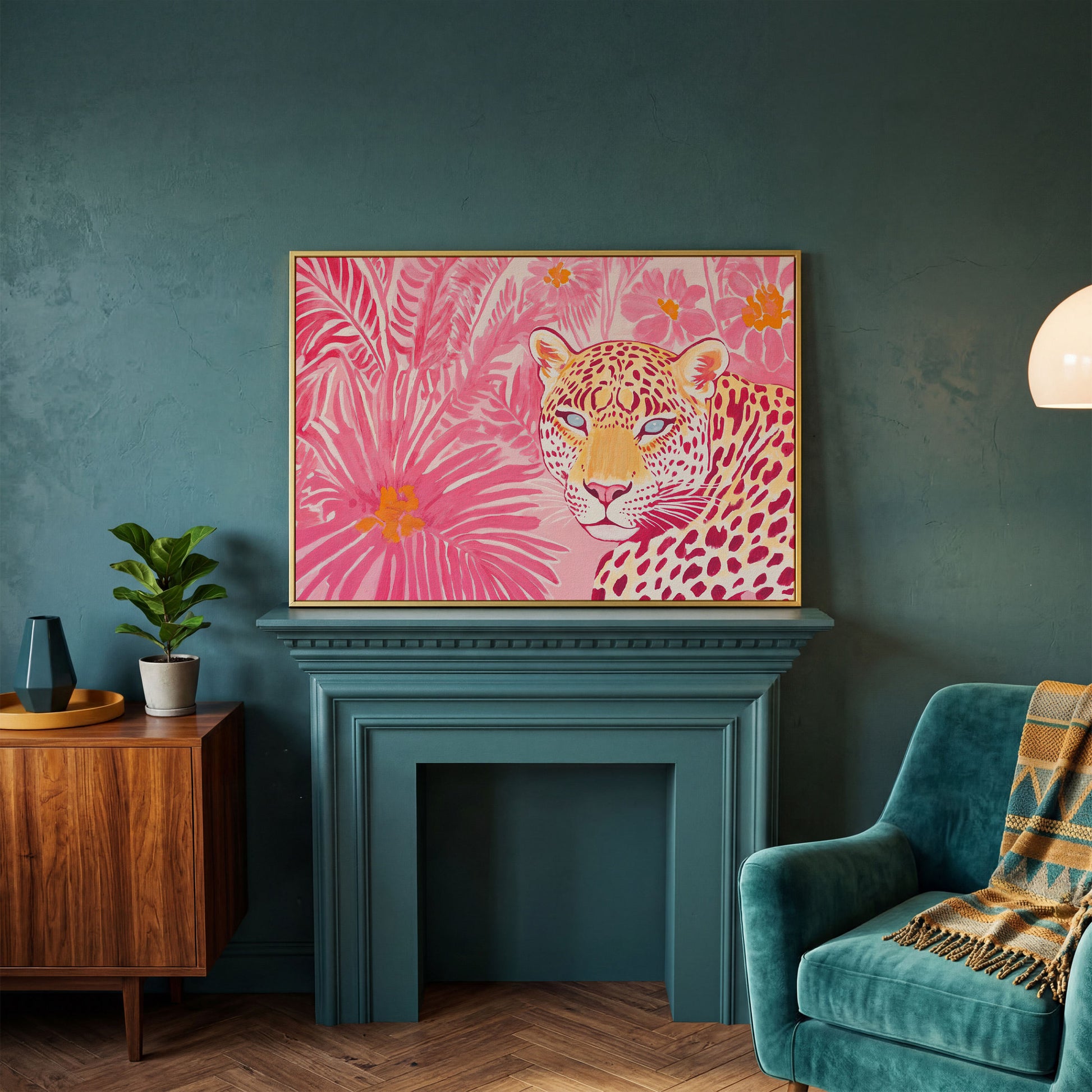 Pink Leopard with Tropical Florals Canvas in yellow gold floating frame
