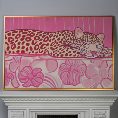 Sleeping Leopard with Pink Florals Canvas Art in antique gold floating frame