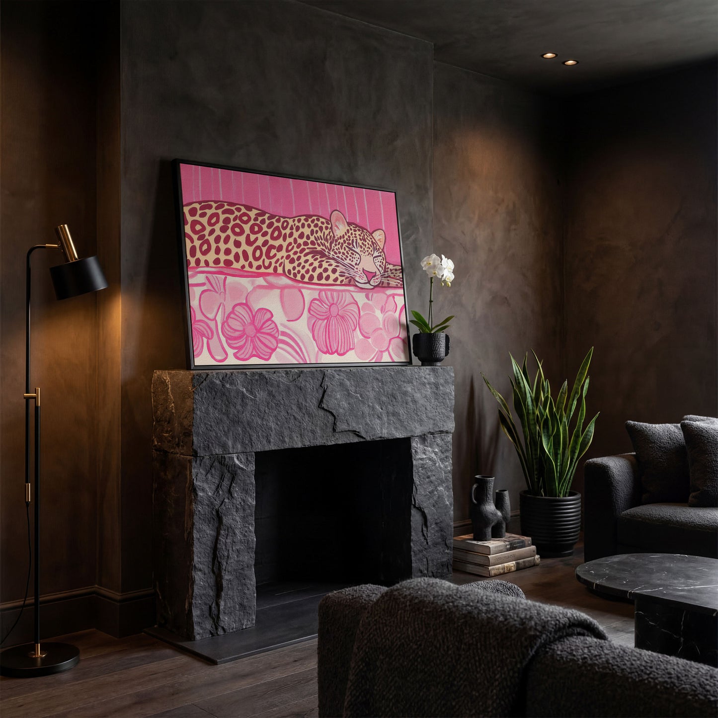 Sleeping Leopard with Pink Florals Canvas Art in black floating frame