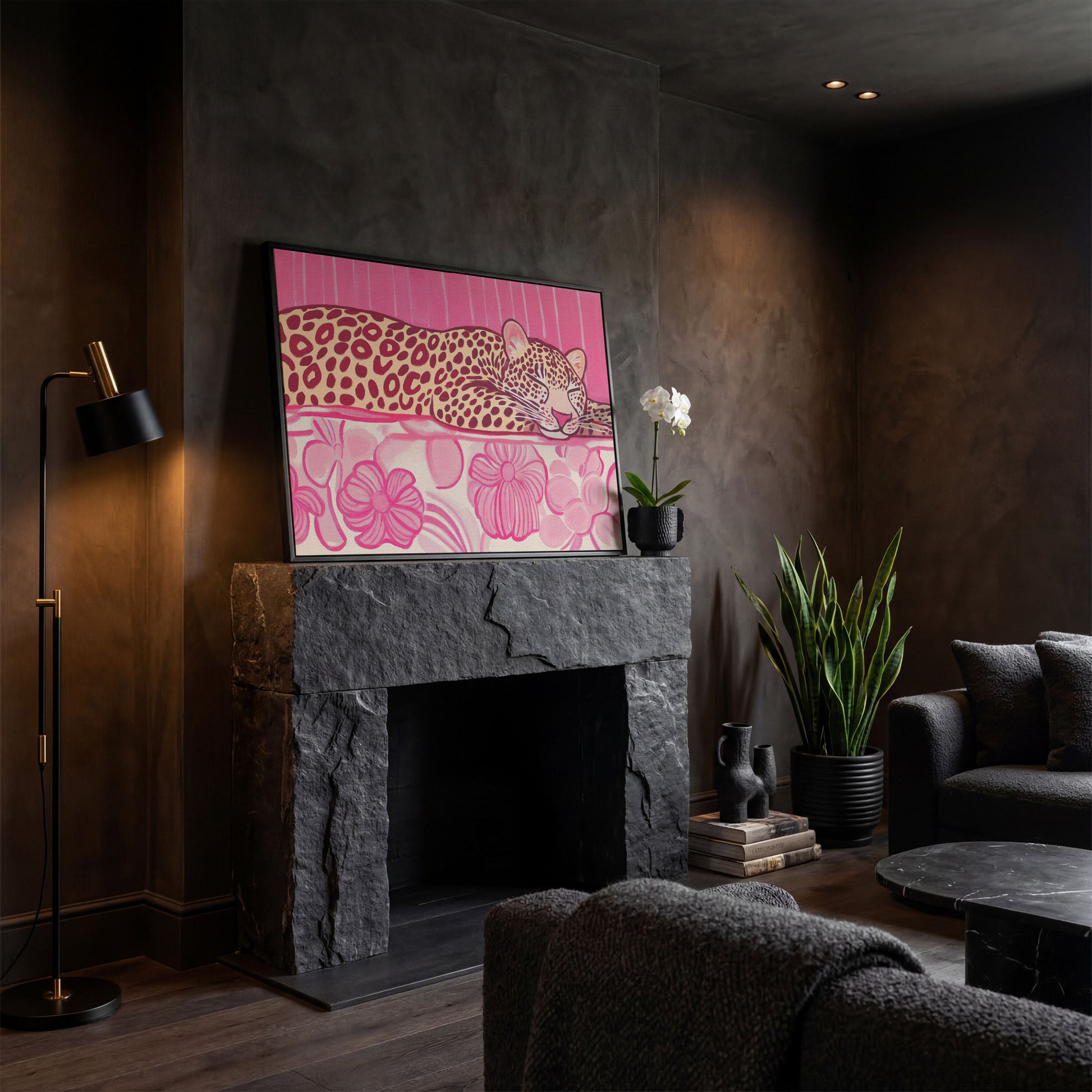 Sleeping Leopard with Pink Florals Canvas Art in black floating frame