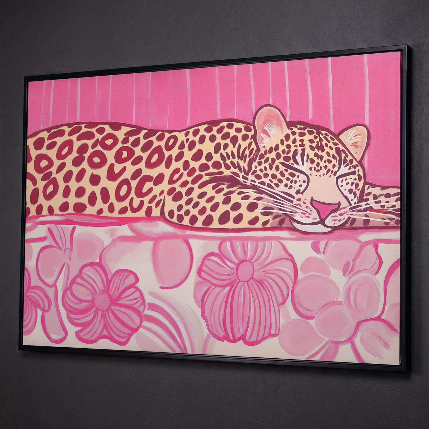 Sleeping Leopard with Pink Florals Canvas Art shown in black floating frame