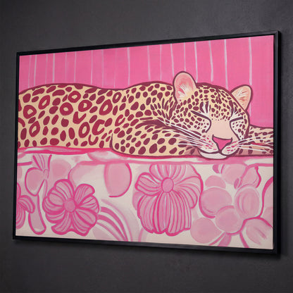 Sleeping Leopard with Pink Florals Canvas Art shown in black floating frame