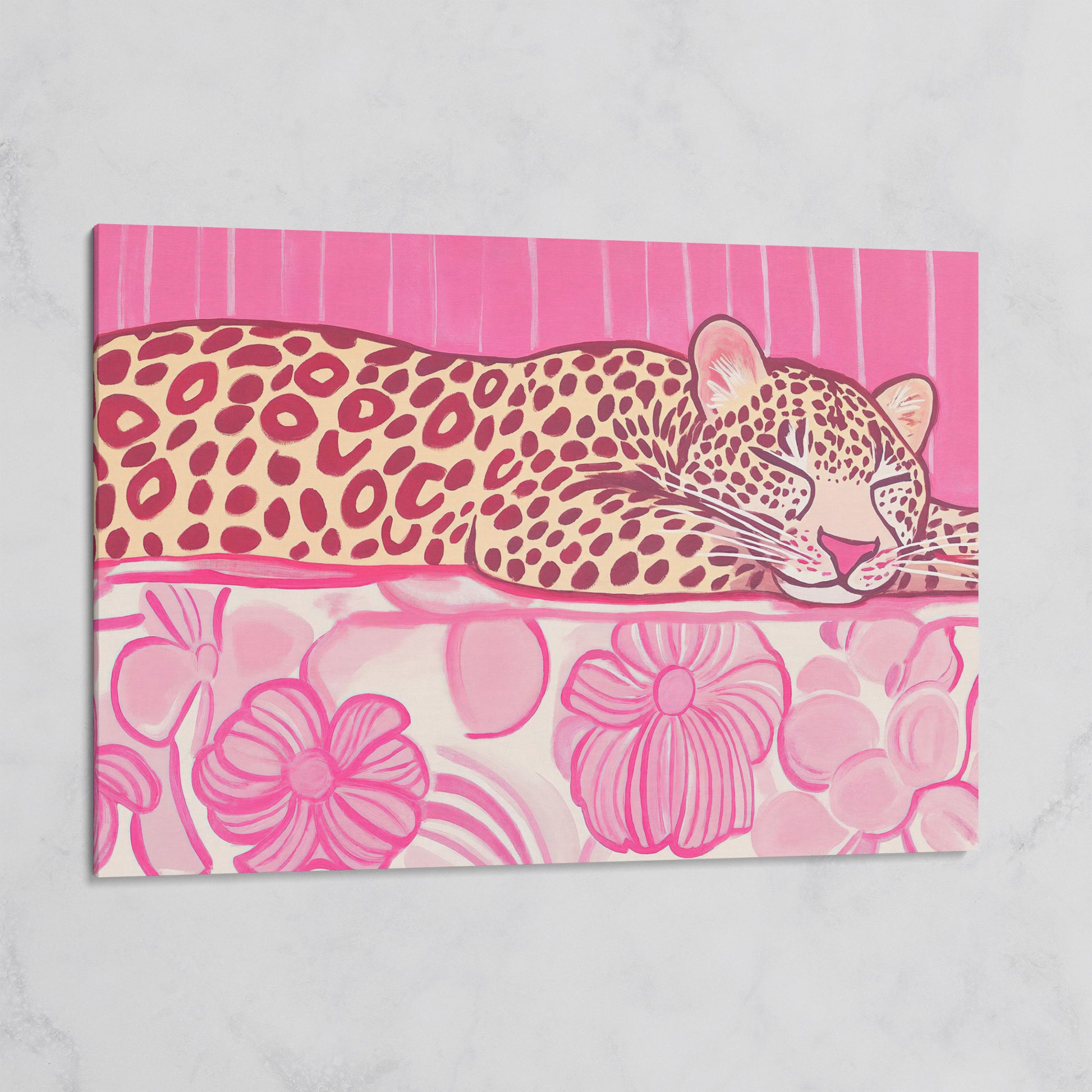 Sleeping Leopard with Pink Florals Canvas Art on gallery wrap