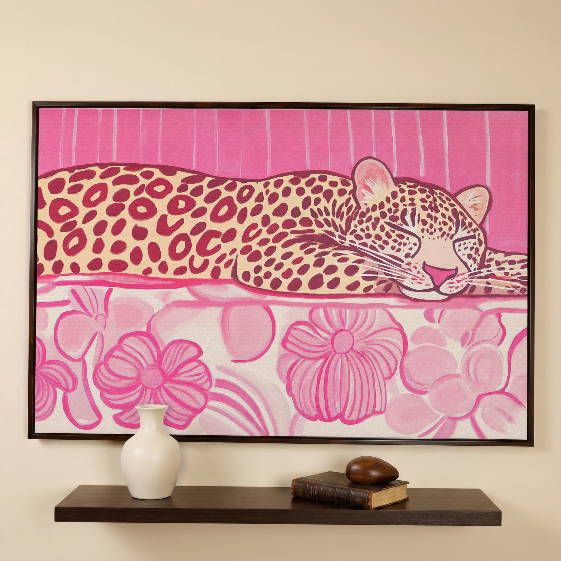 Sleeping Leopard with Pink Florals Canvas Art in dark walnut floating frame