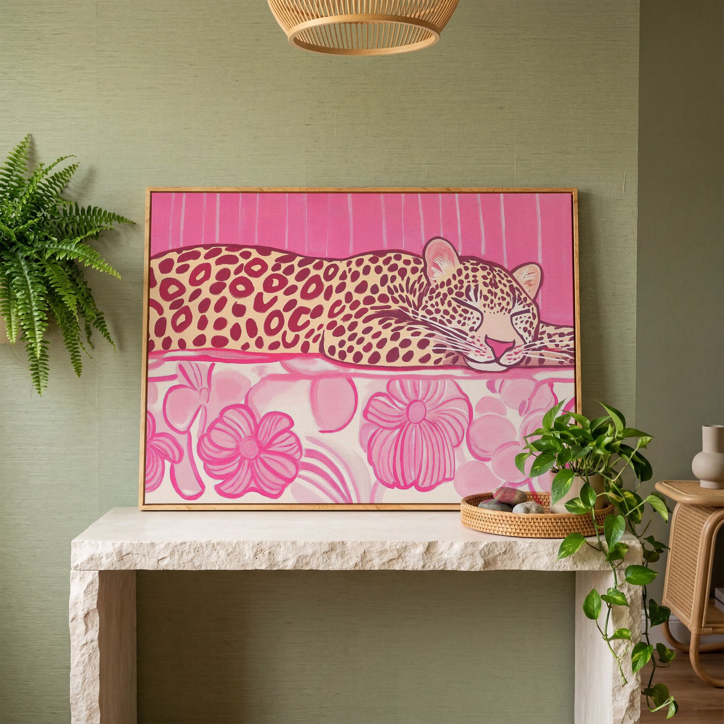 Sleeping Leopard with Pink Florals Canvas Art in white oak floating frame