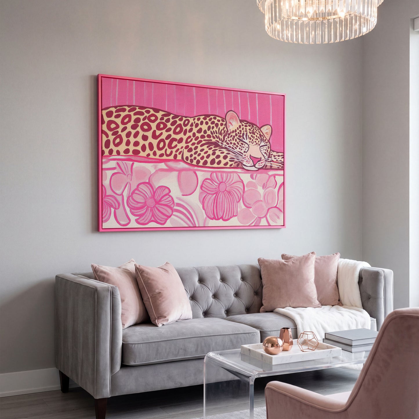Sleeping Leopard with Pink Florals Canvas Art in pink floating frame