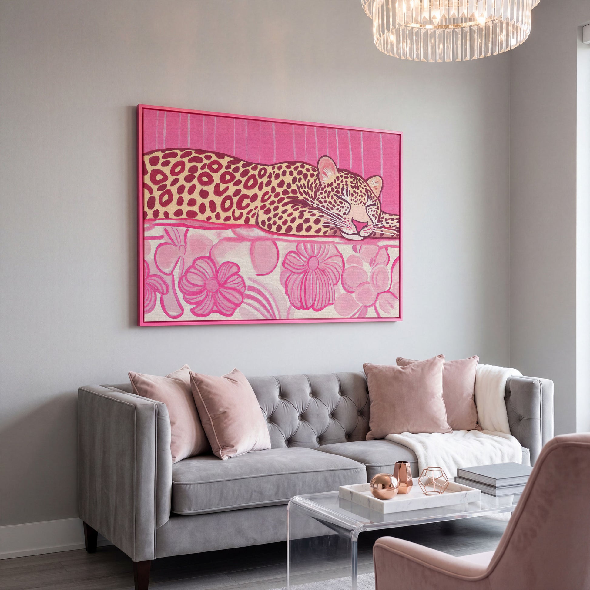 Sleeping Leopard with Pink Florals Canvas Art in pink floating frame