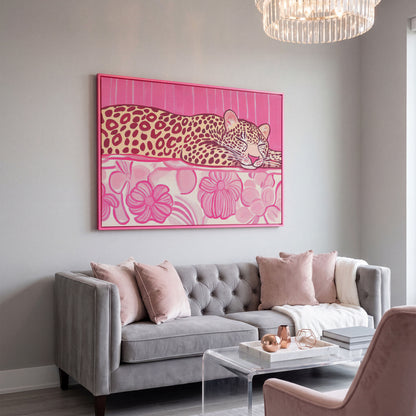 Sleeping Leopard with Pink Florals Canvas Art in pink floating frame