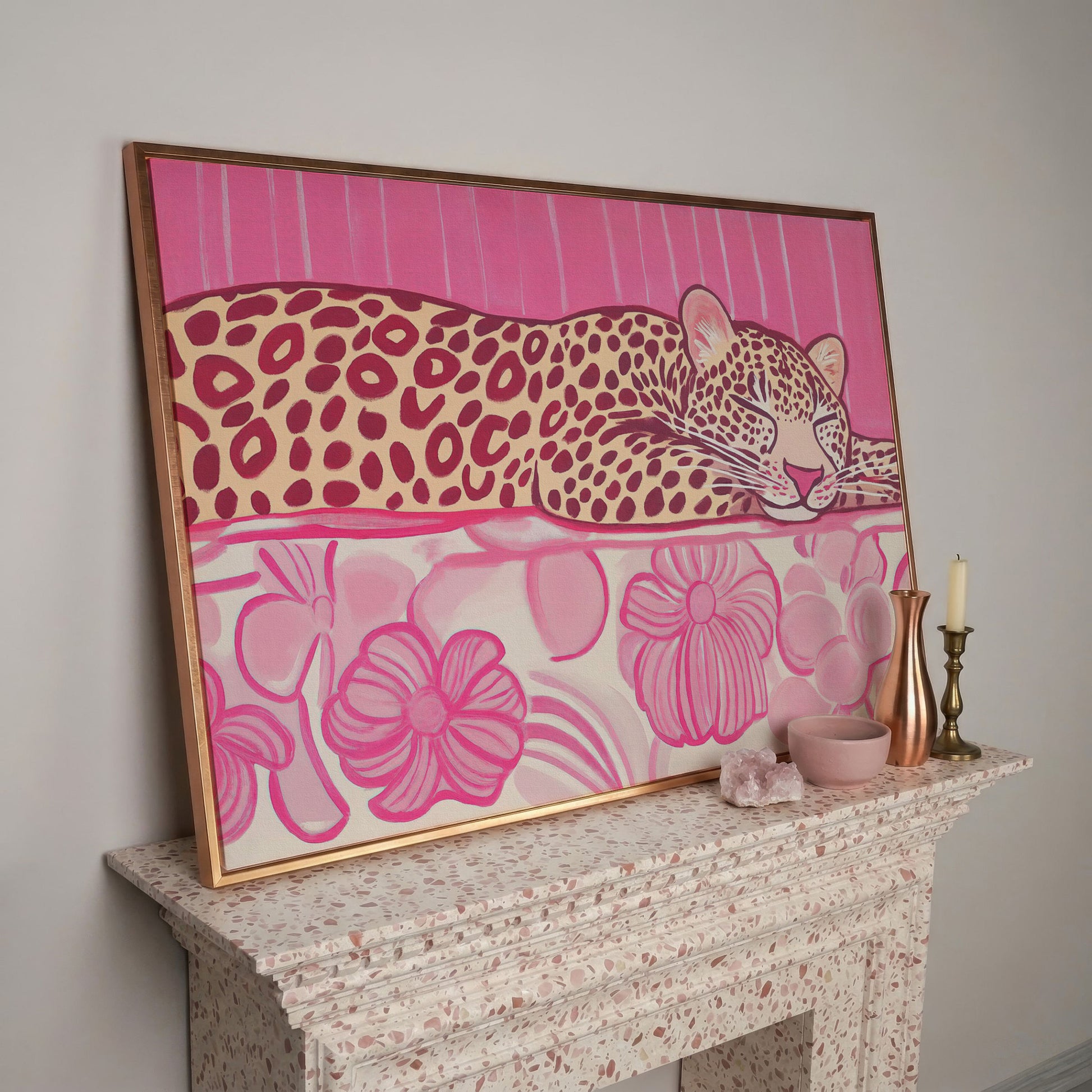 Sleeping Leopard with Pink Florals Canvas Art in rose gold floating frame