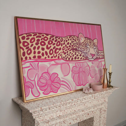 Sleeping Leopard with Pink Florals Canvas Art in rose gold floating frame
