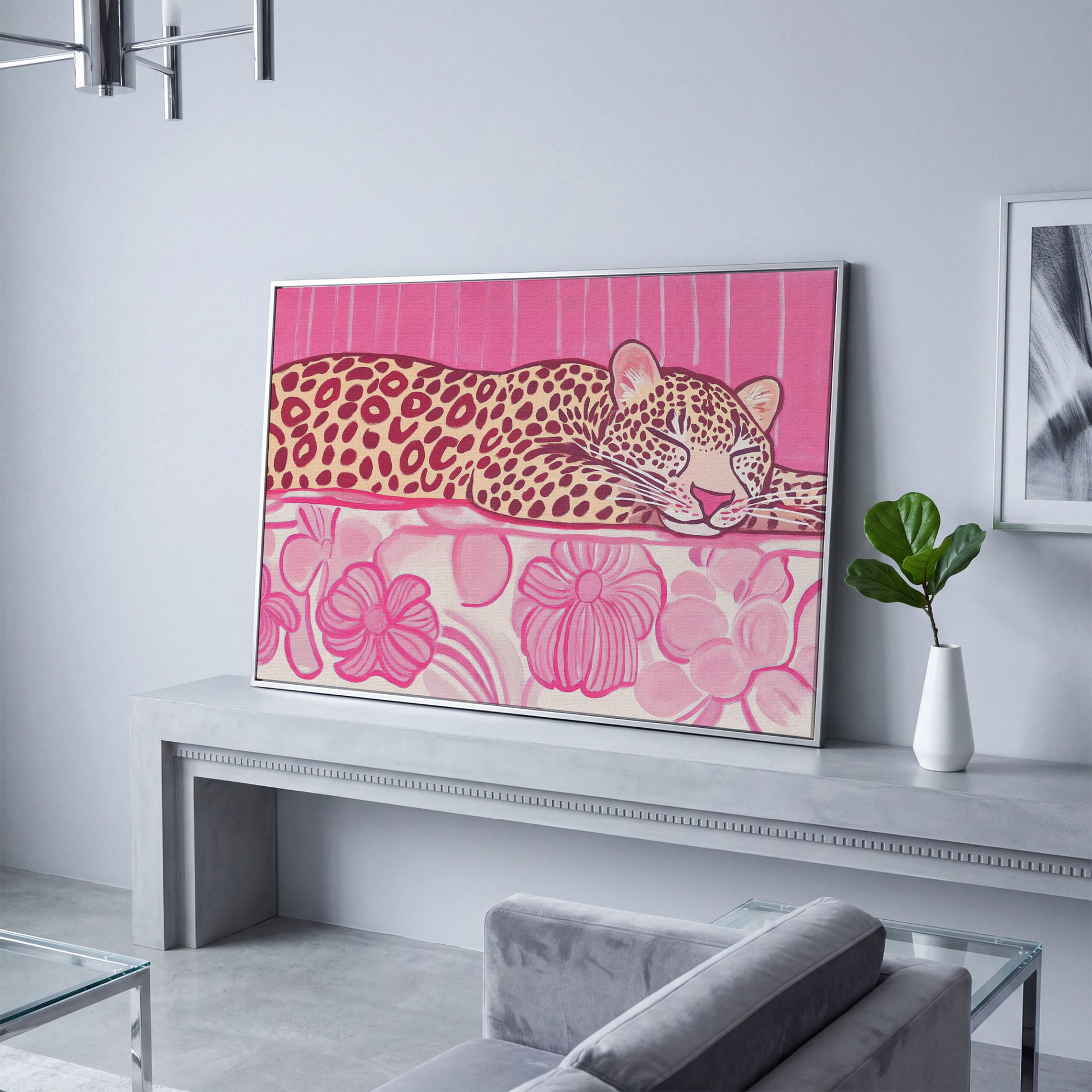 Sleeping Leopard with Pink Florals Canvas Art in silver floating frame