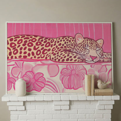 Sleeping Leopard with Pink Florals Canvas Art in white floating frame