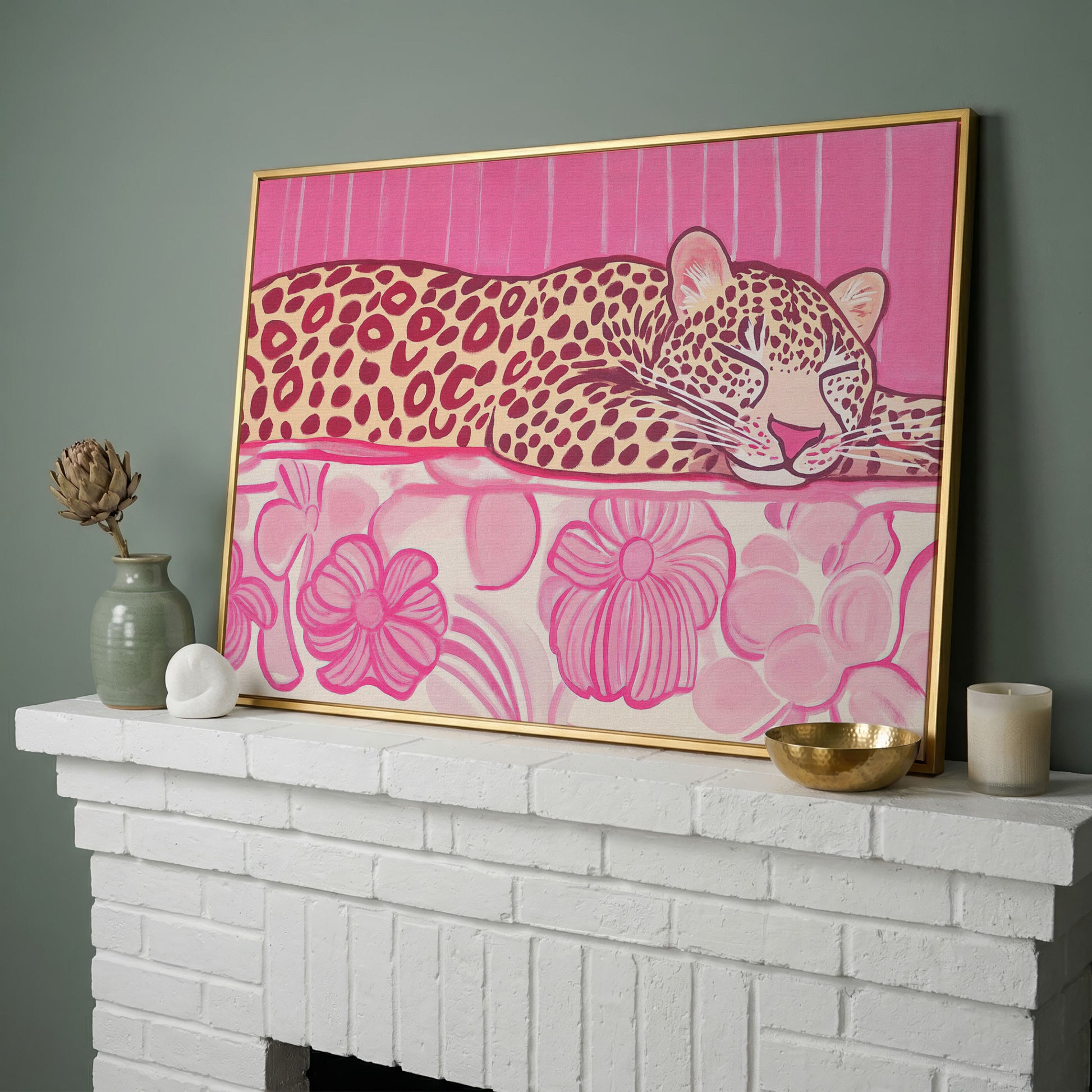 Sleeping Leopard with Pink Florals Canvas Art in yellow gold floating frame