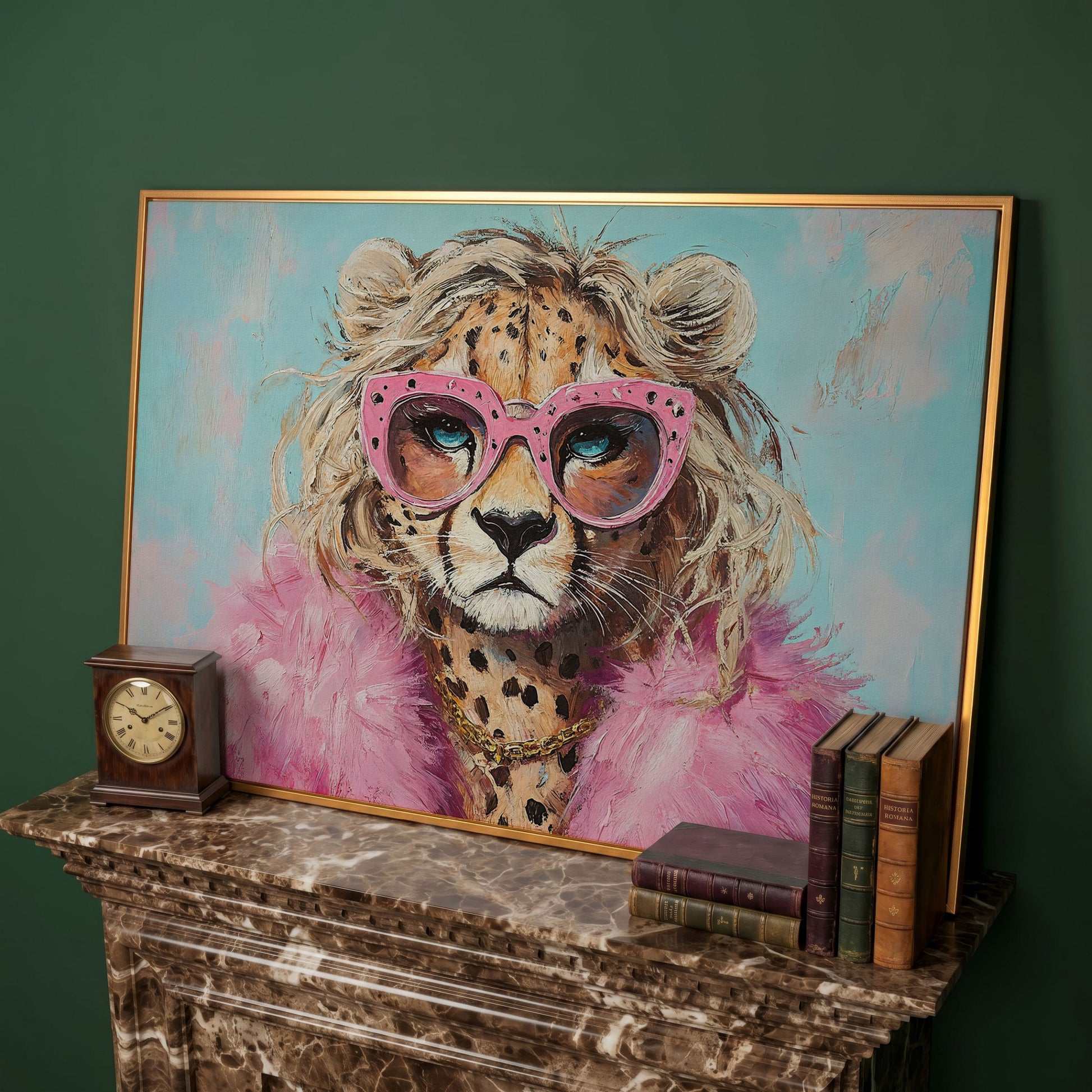 Leopard in Pink Sunglasses Canvas in antique gold floating frame