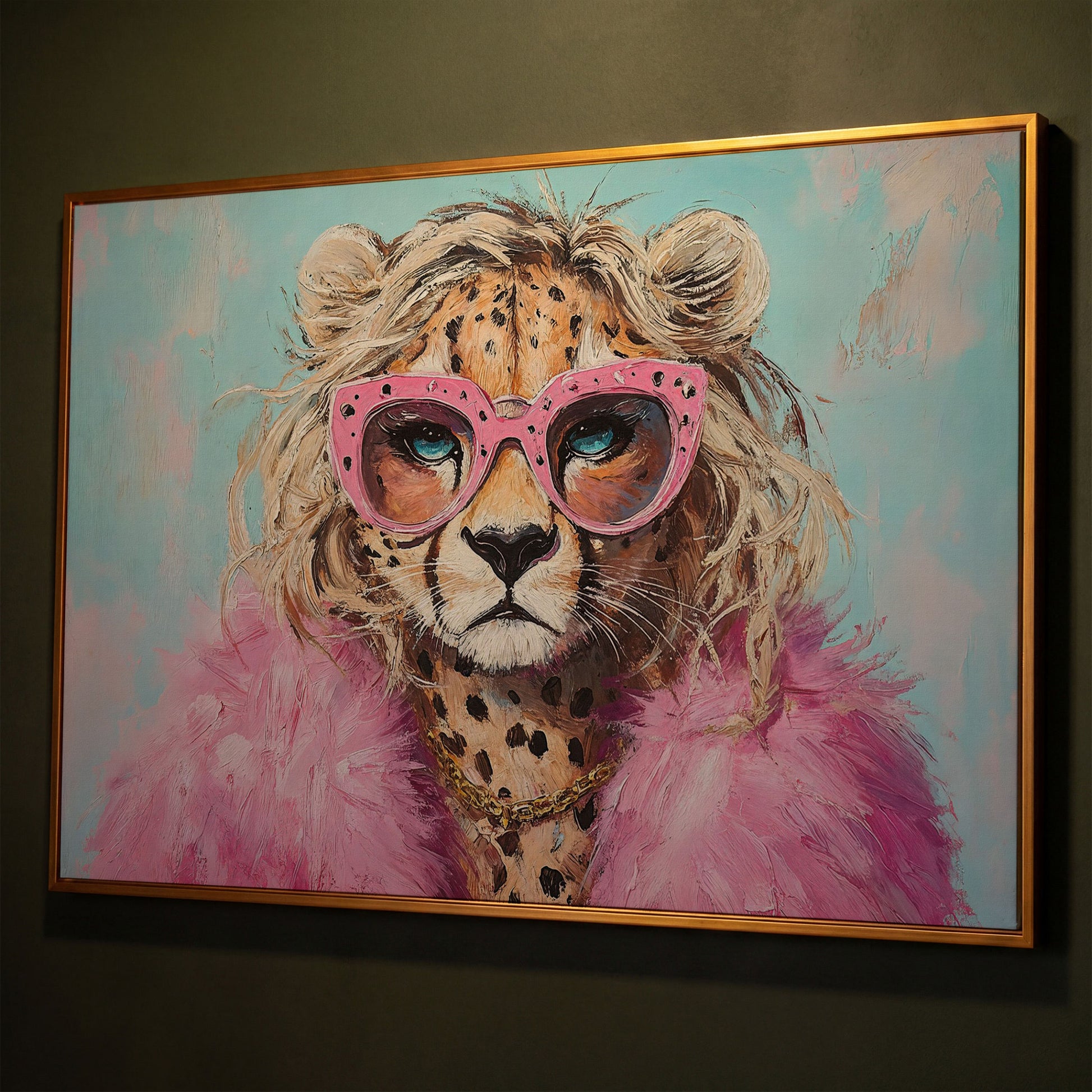 Leopard in Pink Sunglasses Canvas shown in antique gold floating frame