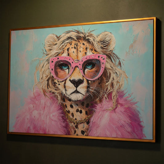 Leopard in Pink Sunglasses Canvas shown in antique gold floating frame