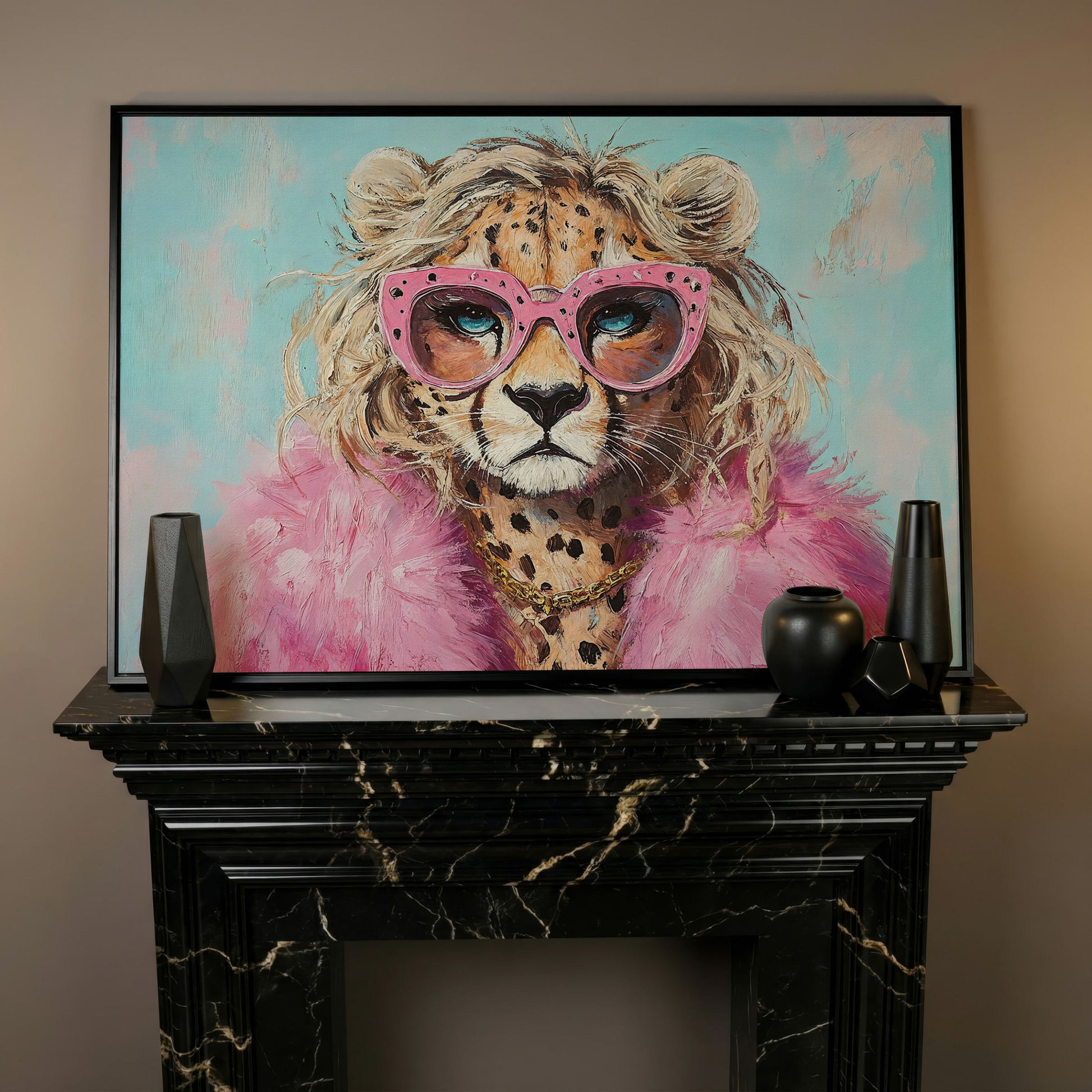 Leopard in Pink Sunglasses Canvas in black floating frame